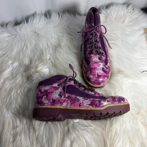 Timberland Field Boots Purple Pink Graphic Print Leather Mid Top Womens 6.5